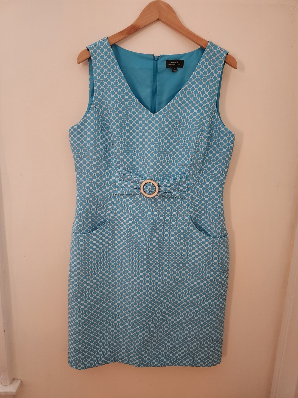 Tahari Arthur S. Levine Blue White Geometric Belted Sheath Dress Size 14